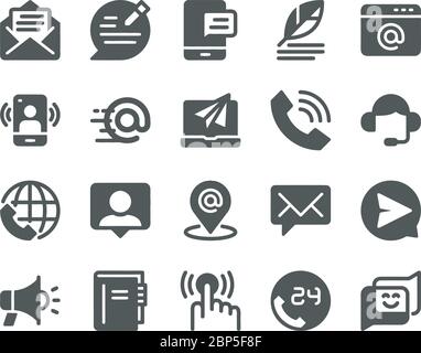 Contact icon set and Contact glyphs icons set. Icon set on white background. Phone, smartphone, email, location, house, globe, address, chat. Stock Vector
