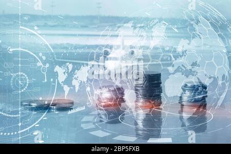 Business Finance concept Double Exposure Trading Stock Control panel Strategy marketing. Stock Photo