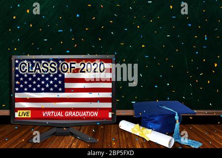 Class of 2020 virtual graduation ceremonies for high school or college seniors and university graduates due to Covid-19 coronavirus. Live TV in classr