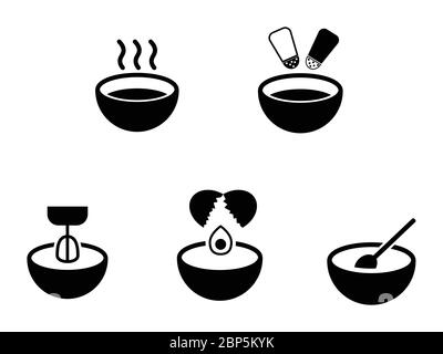 Bowl Kitchen Set. Various bowls depicting hot soup salt pepper seasoning mixing whisk egg cracking and stirring. Black and white EPS Vector Stock Vector