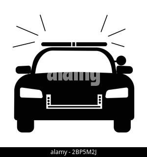 Police Cop Car with siren front view. Simple black and white illustration depicting police emergency response vehicle car with flash. EPS Vector Stock Vector
