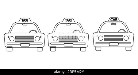Taxi Cab Vintage Front View Outline Set. Three taxi cab car automobile black and white illustration. EPS Vector Stock Vector