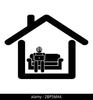 Work from home. Pictogram depicting man working from home sitting on sofa couch using laptop computer. Black and white eps vector Stock Vector