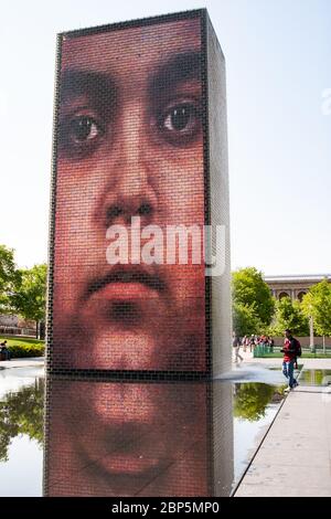 View  of the Crown Fountain in Millennium Park Designed by Spanish artist Jaume Plensa. Stock Photo