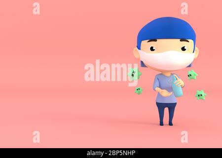 3d illustrator of cartoon characters. A girl wearing a surgical mask. Washing hands with cleaning gel Stock Photo