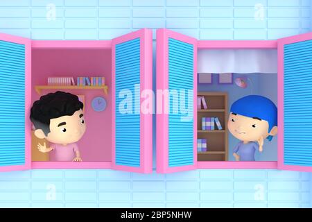 3d illustrator of cartoon characters. Boys and girls greet each other through the house window. Stock Photo