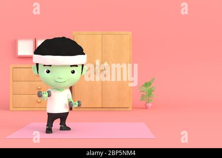 3d illustrator of cartoon characters. A man exercising by lifting dumbbells Stock Photo