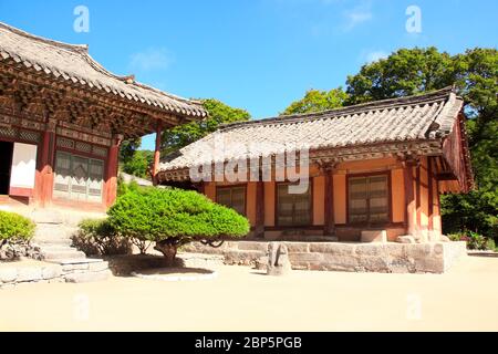 Pavilions in ancient Buddhist temple Woljeong (Woljeong-sa, Voljong) on Kuvor mount, Kumgangsan mountains (Diamond mountains), North Korea (DPRK) Stock Photo