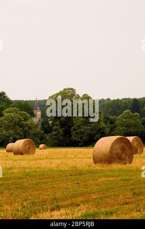 Hay bales waiting to be taken away from the fields in rural France Stock Photo