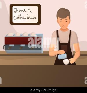 Barista brew coffee for lifestyle design. Male cartoon character make cappuccino. Cafe interior, quote - time to coffee break on wall in frame. Stock Vector