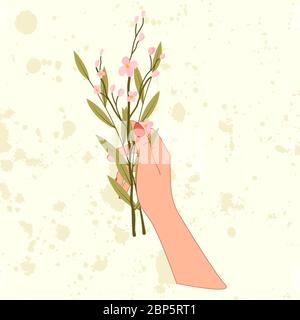 Hand hold bouquet with pink cherry blossom and branch of olive leaf in flat style. Vector decorative flowers. Stock Vector