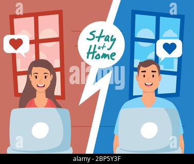 couple using laptops to communicate and stay home Stock Vector