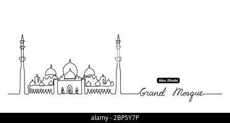 Sheikh Zayed grand mosque one continuous line drawing. Simple, minimal black and white vector background of Grand mosque Stock Vector