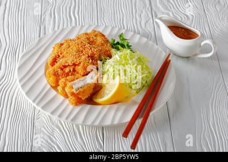 HireKatsu, Japanese deep fried pork fillets served with shredded cabbage on a plate, horizontal view from above