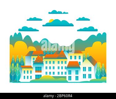 City landscape isolated on white background in flat style design icons. Nature with house, building, street, trees, cloud, hills, montains cartoon vec Stock Vector