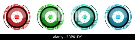 Photo shutter round glossy vector icons, camera, photography set of buttons for webdesign, internet and mobile phone applications in four colors optio Stock Vector