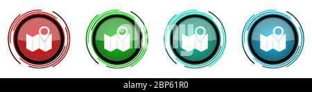 Marker round glossy vector icons, map, location and travel set of buttons for webdesign, internet and mobile phone applications in four colors options Stock Vector