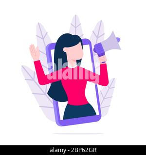 Refer a friend flat style design vector illustration concept. Woman with megaphone loud speaker standing up in the smartphone and shout out to the peo Stock Vector