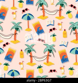 Summer beach seamless vector pattern. Cartoon style repeating background with palm trees, hammocks, sunglasses, cocktail, books, sun umbrella, beach Stock Vector