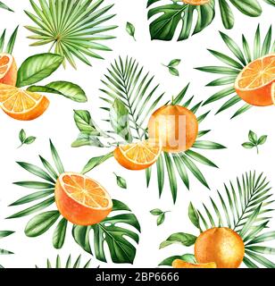 Watercolor tropical seamless pattern. Whole and sliced orange fruits. Exotic plants and palm leaves isolated on white. Botanical illustration for Stock Photo