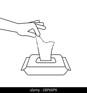 Hand pulling a wet wipe from portable pack. Alcohol antiseptic disinfectant tissue box line icon. Black outline on white background. Vector Stock Vector