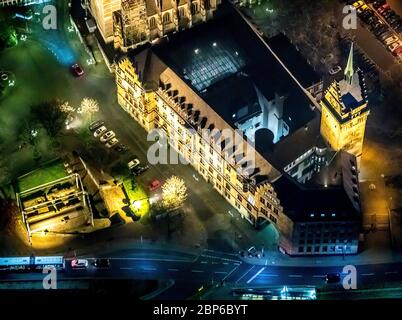 Aerial view, City Hall Duisburg at night, next to the Salvatorkirche, Duisburg-Mitte, Duisburg, Ruhr Area, North Rhine-Westphalia, Germany Stock Photo