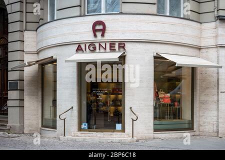 BERLIN - JUNE 05, 2016: Aigner boutique. Aigner - fashion house,  produce luxury goods including handbags, shoes, women's ready-to-wear, wallets, and leather accessories. Stock Photo
