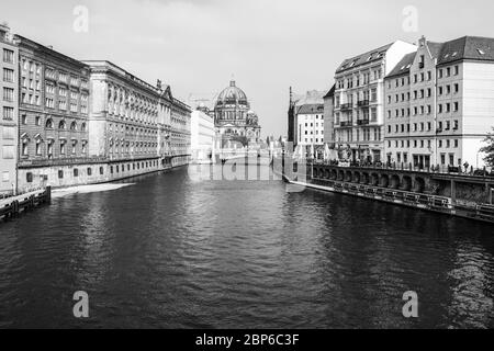 BERLIN - MAY 01, 2019: The Spree River and the Berlin Cathedral (Berliner Dom) in the background. Black and white. Stock Photo