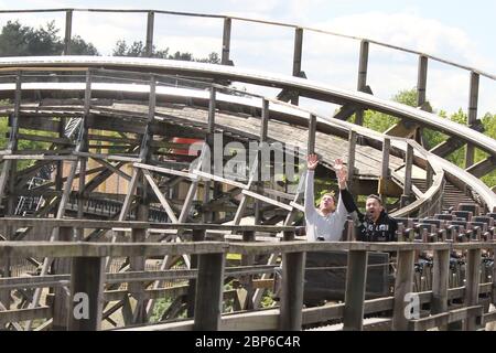 Menderes BagcÄ±,Joey Heindle,Colossus wooden roller coaster Heide Park Soltau near Hamburg,14.05.2019 (Joey Heindle also had his birthday that day and can spend it in the park with his girlfriend)