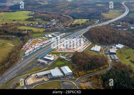 Aerial view, Autobahn A45, service area Sauerland West, service area Sauerland Ost, parking lot truck, Lüdenscheid, Märkischer Kreis, Sauerland, North Rhine-Westphalia, Germany Stock Photo