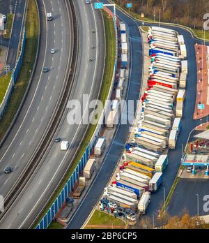 Aerial view, A45 motorway, truck parking, service area Sauerland West, service area Sauerland East, Lüdenscheid, Märkischer Kreis, Sauerland, North Rhine-Westphalia, Germany Stock Photo