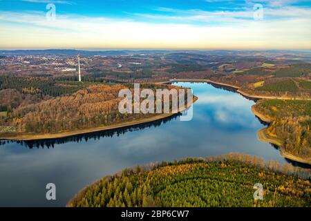 Aerial view, Versetal Reservoir, low water on the riverside area, Lüdenscheid, Märkischer Kreis, Sauerland, North Rhine-Westphalia, Germany Stock Photo