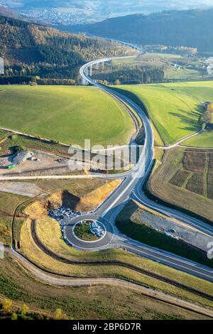 Aerial view, roundabout at the end of the motorway, motorway extension A46, connection between Bestwig and Olsberg with Autobahnbrück Nuttlar, Bestwig, Sauerland, North Rhine-Westphalia, Germany Stock Photo