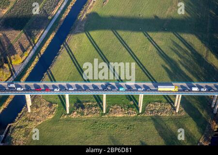 Aerial view, traffic jam on the federal road bridge to the B7, motorway extension A46, connection Bestwig and Olsberg with motorway bridge Nuttlar, Velmede, Bestwig, Sauerland, North Rhine-Westphalia, Germany Stock Photo