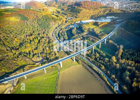 Aerial view, connection between end of motorway A46 and federal road B7, motorway extension A46, connection Bestwig and Olsberg with Autobahnbrück Nuttlar, Bestwig, Sauerland, North Rhine-Westphalia, Germany Stock Photo