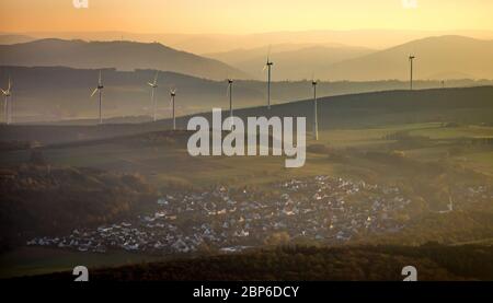 Aerial view, wind turbines, Scharfenberg, hilly landscape, Brilon, Sauerland, North Rhine-Westphalia, Germany Stock Photo