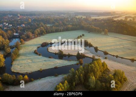 Aerial view, Lippeauen nature reserve, morning impression, river Lippe, Hamm, Ruhr area, North Rhine-Westphalia, Germany Stock Photo