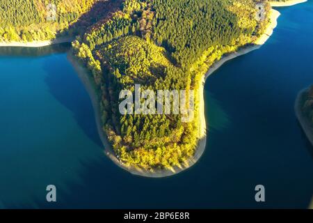 Aerial view, Hennetalsperre, Hennesee, low water on the riverside area, Meschede, Sauerland, North Rhine-Westphalia, Germany Stock Photo