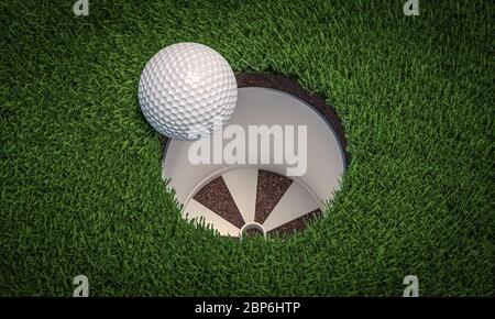 golf ball about to fall in the hole. sport and victory concept. 3d render. nobody around. Stock Photo