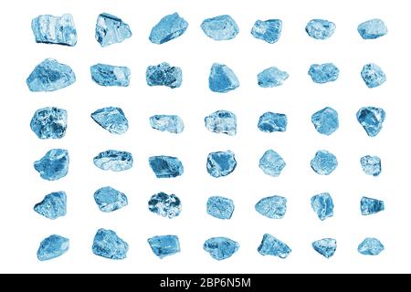 Blue gem stones white background isolated closeup, crushed ice cubes set, rough diamonds collection, raw brilliants texture, rocks, crystals, mineral Stock Photo