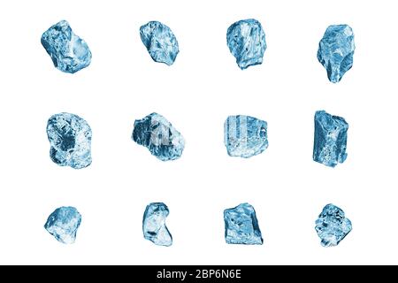 Blue gem stones white background isolated closeup, crushed ice cubes set, rough diamonds collection, raw brilliants texture, rocks, crystals, mineral Stock Photo