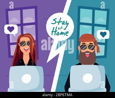 couple using laptops to communicate and stay home Stock Vector