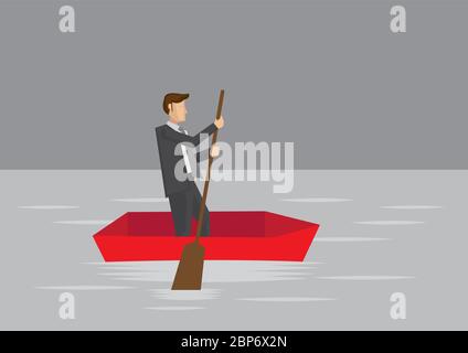 Vector cartoon illustration of businessman paddling with wooden oar in a small boat surrounded by water. Stock Vector