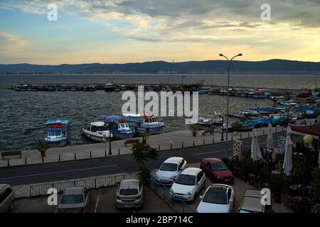 NESSEBAR, BULGARIA - JUNE 22, 2019: Bay of Nessebar in the early morning. Pleasure boats stand near the pier. Stock Photo