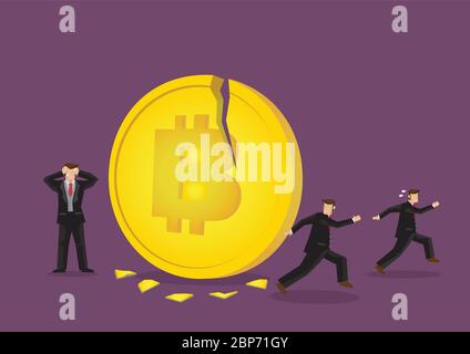Illustration of Bitcoin breaking with businessmen running away. Concept of the collapse cryptocurrency industry. Stock Vector