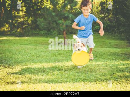 Boy exercises his dog with flying disk to keep it fit in backyard garden Stock Photo