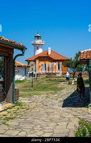 ST. ANASTASIA ISLAND, BULGARIA - JUNE 23, 2019: Lighthouse on the island of St. Anastasia in the Burgas Bay of the Black Sea. Stock Photo