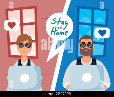 couple using laptops to communicate and stay home Stock Vector