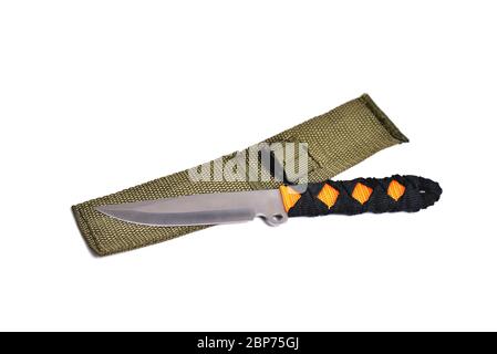 throwing knife and green case on a white background close-up Stock Photo