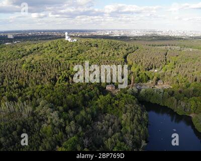 Aerial view of lake Teufelssee a glacial lake in the Grunewald forest in the Berlin borough of Charlottenburg-Wilmersdorf. Stock Photo